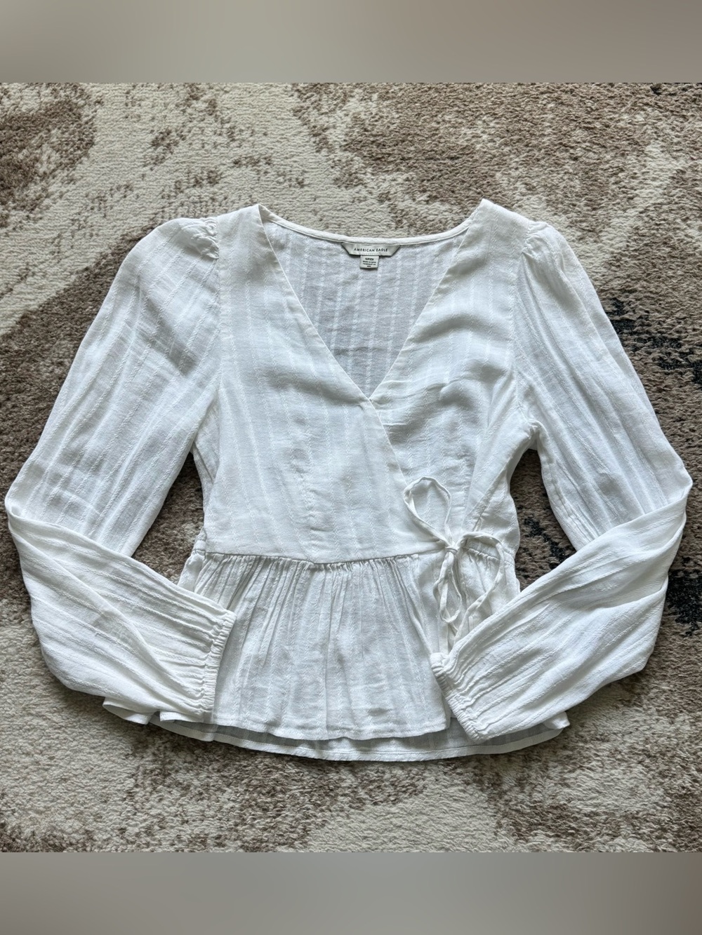 American Eagle White Textured Wrap Front Peplum Blouse with Long Sleeves